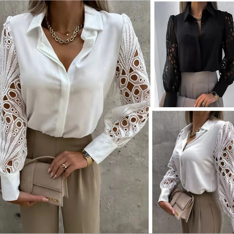

Кружевная блузка, женская модная рубашка, новая весенняя офисная Дамская сетчатая дизайнерская кружевная блузка с длинным рукавом, топы, роскошные ажурные рубашки на пуговицах