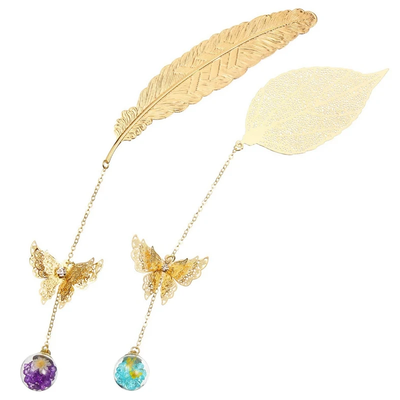 

2 Pieces Metal Feather Bookmark Metal Leaf Bookmark With 3D Butterfly For Reader Students Friends