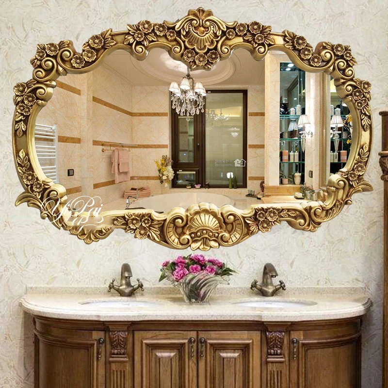 

Vanity Wall Aesthetic Bathroom Mirror Golden Irregular Hairdresser Vintage Antique Mirror Washroom Espelho Grande Makeup SY50BM