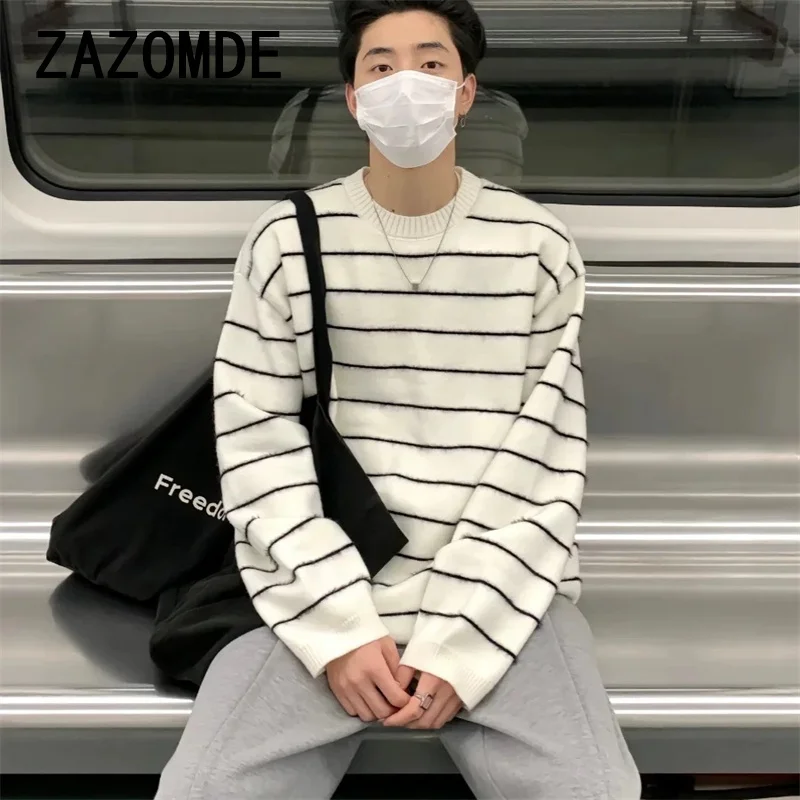 ZAZOMDE винтажный черно-белый полосатый свитер вязаный топ для мужчин осень-зима с