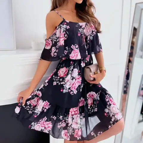 Woman 2023 Floral Print Dress Summer Fashion Spaghetti Strap Off Shoulder Sleeveless Dresses Holiday A-Line Mesh Fabric Vestidos