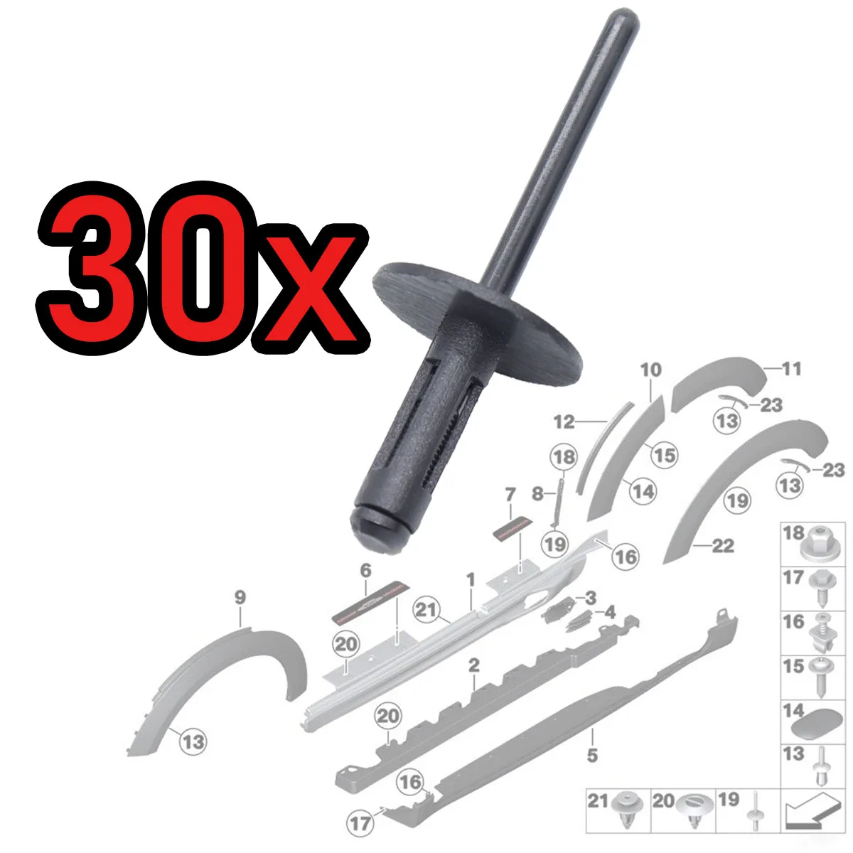 

30X Pop Blind Rivets Fasteners For BMW 7 700 8 Isetta M1 Bumper Wheel arch Splashguard Bumper Cover Door Sill Cover Side Skirts