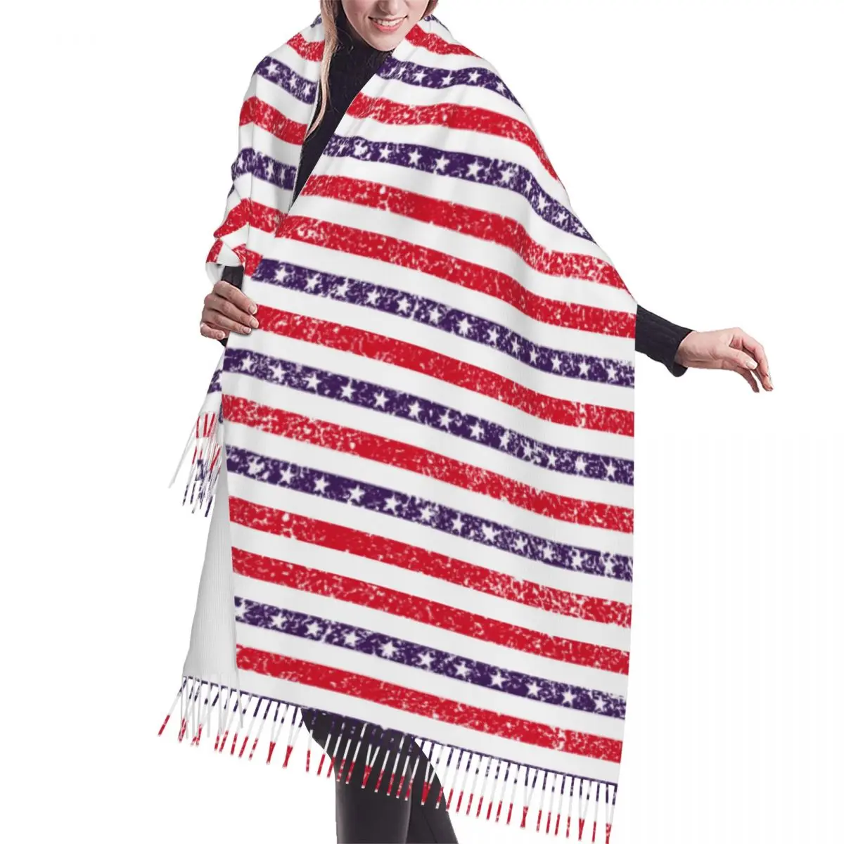 

4th Of July Stars And Stripes Grunge Abstract Pattern Winter Scarf Shawls Wrap Women Men Warm Bufanda Tassel Scarves