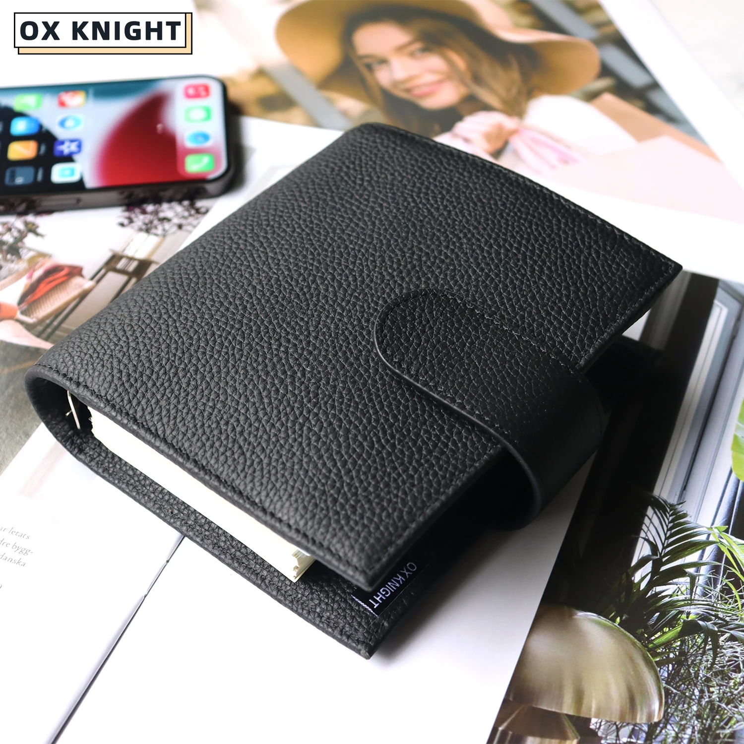 OX KNIGHT Original Series Leather A7 Notebook Zip Cover with Top Pocket Cowhide Planner Mini Agenda Organizer Diary Notepad