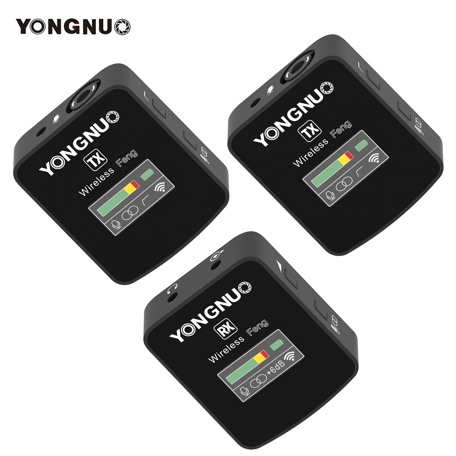 

YONGNUO Feng 1-Trigger-2 2.4G Wireless Microphone 2*Transmitter+Receiver+Clip-on TFT Screen 3.5mm Plug for Phone Camera Laptop