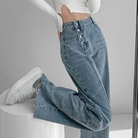 irregular breasted high waist jeans womens loose straight without velvet drape women jeans straight leg jeans wide leg pants