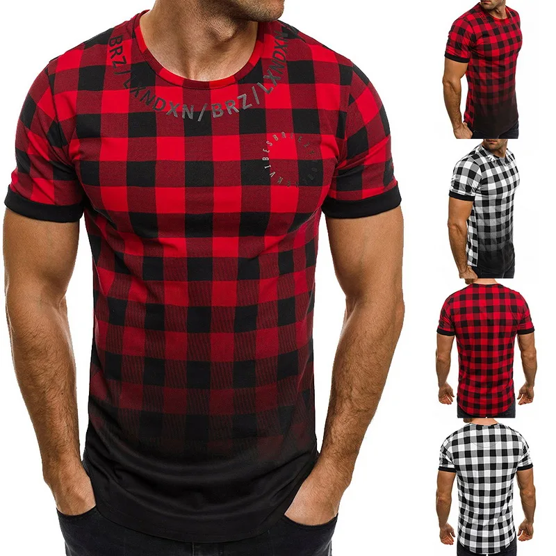 

2023HOT ZNG 2020 Mens summer plaid patchwork t shirt sleeve Gradient color Muscle Basic Hip fashion tee shirt New 2019