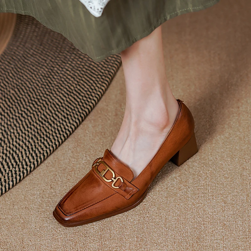 

Heihaian Vintage Style Single Shoes Spring New Square Head Suitable For Women With Metal Decoration Loafers 34-41