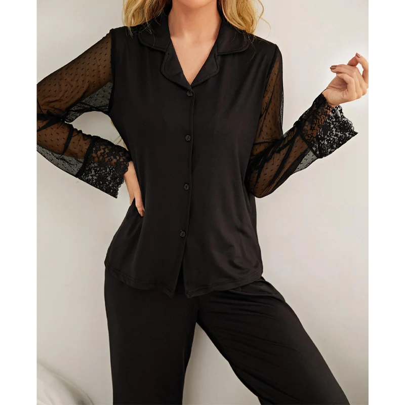 Women's Pajamas Net Yarn Lace Stitching Sleepwear Solid Color Long-sleeved Trouser Suit Comfortable Loose Home Clothes