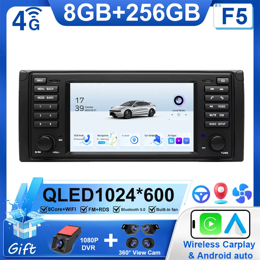 

7-дюймовый автомобильный радиоприемник для BMW 5 серии E39 X5 E53 M5 1996-2003 Стерео Мультимедийный плеер CarPlay Android 15 4G BT GPS-навигация Авто