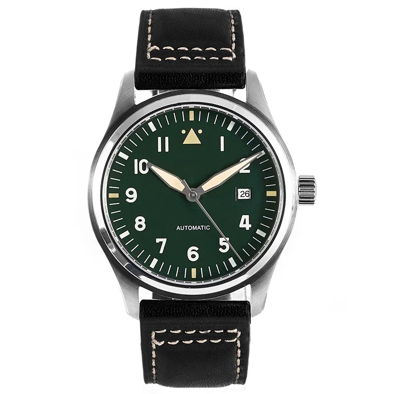 

NEW 42mm Green Dial Spitfire Pilot Watch 5ATM JAPAN MIYOTA Automatic Domed Sapphire Crystal Lumed Genuine Leather Strap