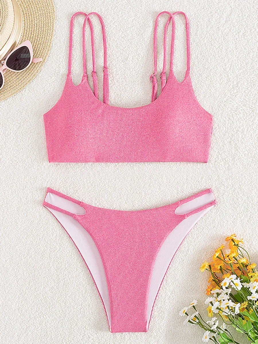 Ребристые бикини с высоким вырезом 2025 женский купальник комплект из двух частей