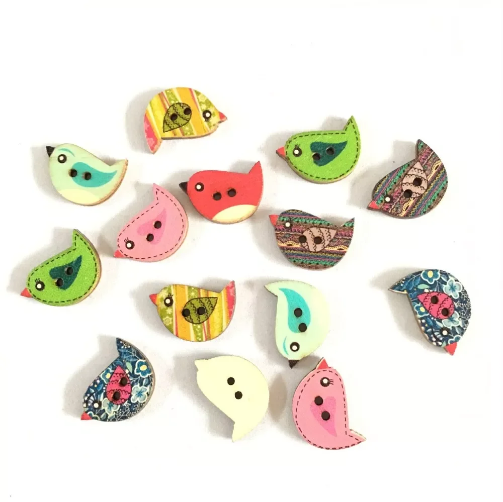 

50PCs Mixed Wooden Buttons Cute Bird Pattern Decorati 2 Holes Round Wooden Buttons For Sewing, DIY, Clothing Accessories 7NK213