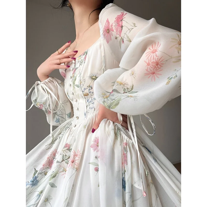 

vintage dress for women korean dongdaemun 2023 summer elegant flora midi dresses luxury print Long one-piece dress gown female