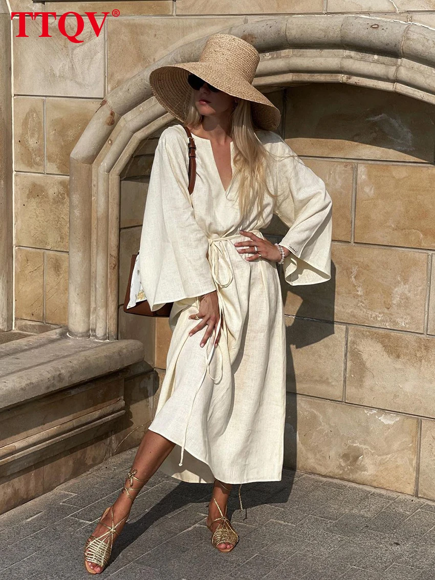 

TTQV Sexy V-neck Beige Linen Dress Ladies Fashion Loose Long Sleeve Midi Dress Elegant Lace-up Classic Dresses For Women 2022