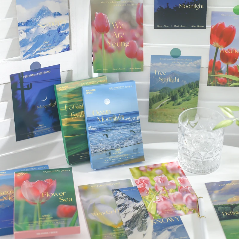 30pcs/box Plunge Into The Mountains And Seas Postcard Aesthetic INS Romantic Scenery English Hand Account Material Greeting Card