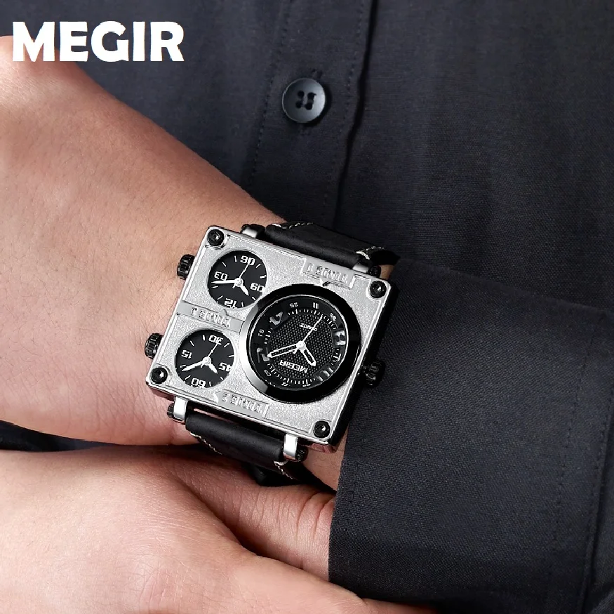 

MEGIR Оригинальные Водонепроницаемые квадратные кварцевые наручные часы для мужчин с несколькими часовыми поясами, повседневные спортивные ...