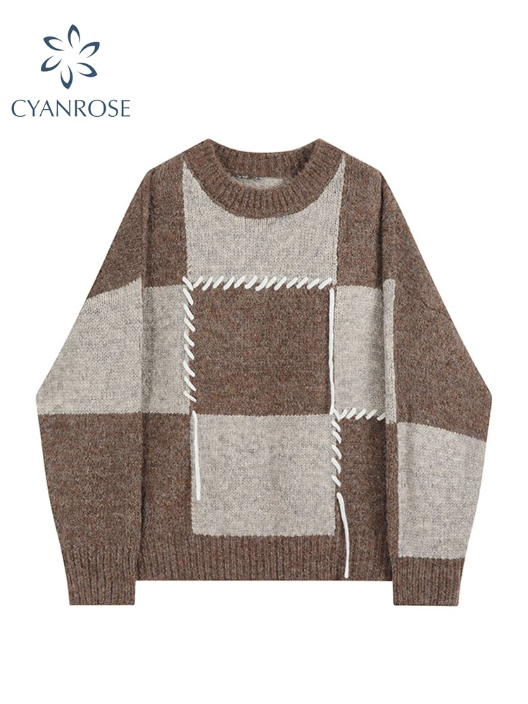 

Women's Sweaters Pullovers Plaid Preppy Style Vintage Loose Oversize O-Neck Jumpers Streetwear Harajuku Sueter Mujer 2022 Spring