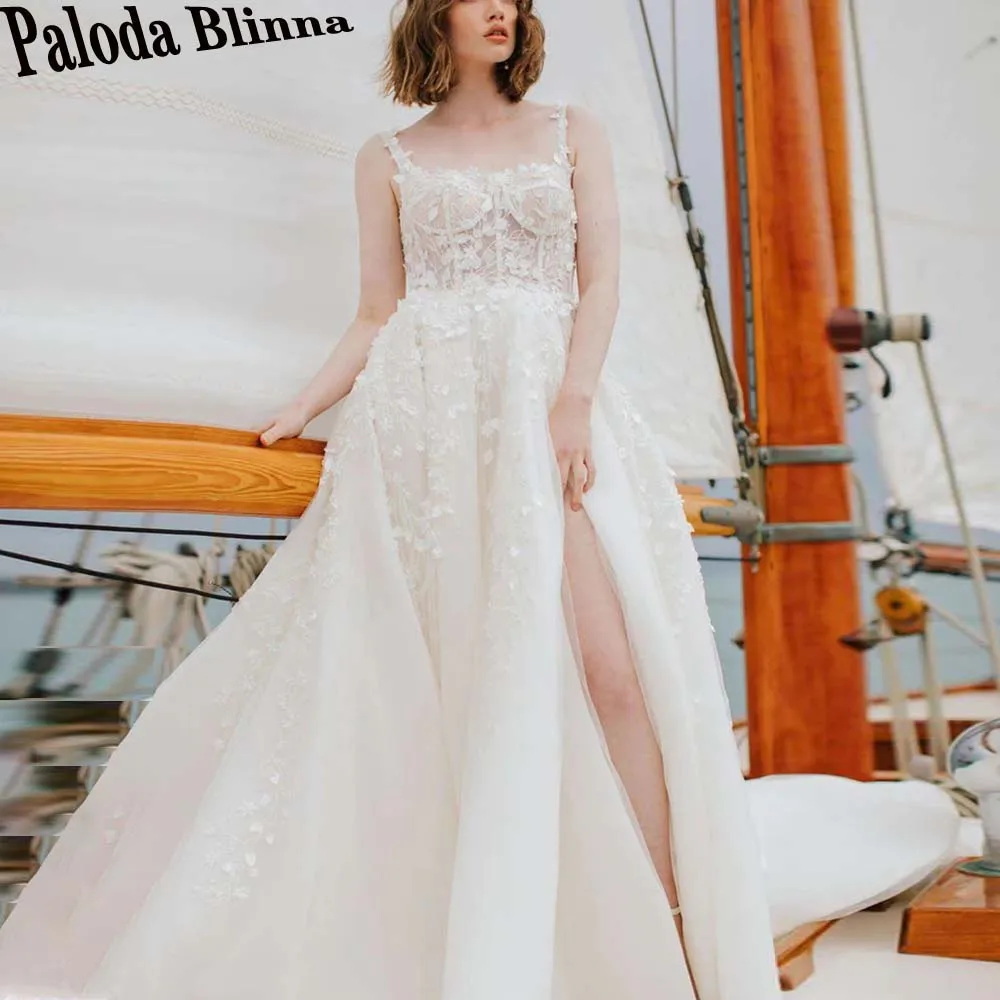 

Paloda Attractive Slit A-LINE Wedding Gown For Bride Square Collar Pleat Tank Sleeveless Court Train Backless Appliques Tulle
