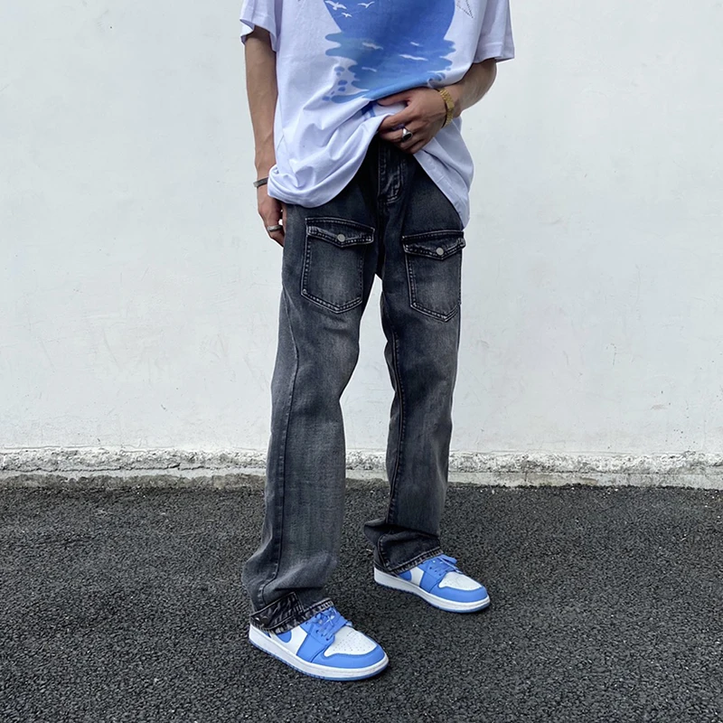 

Washed Front Pockets Retro Denim Couple Trousers Ripped Oversize Baggy Straight Harajuku Jeans Pants Harajuku Mens Jeans Pants