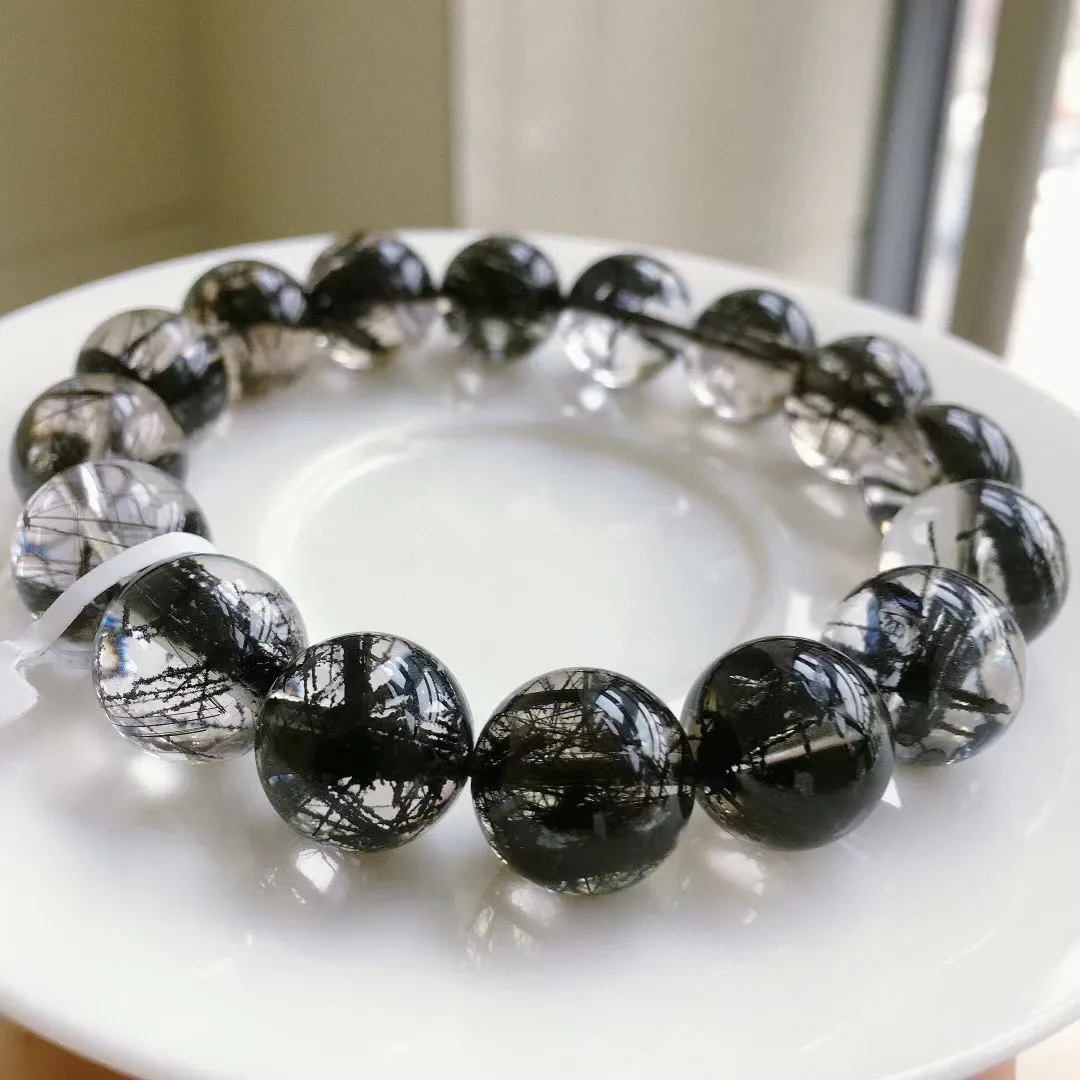 

13 мм натуральные черные волосы рутилированный кварцевый браслет для женщин и мужчин подарок на богатство лечебные хрустальные бусины драгоценный камень ювелирные изделия на нитях AAAAA