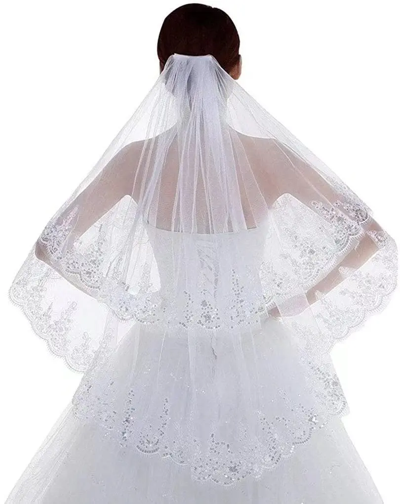 

Women's Sequins Edge Bride Wedding Veil Fingertip Length Two-Tier/2T Lace Bridal Veil Hair Accessories Tulle Veil 2022