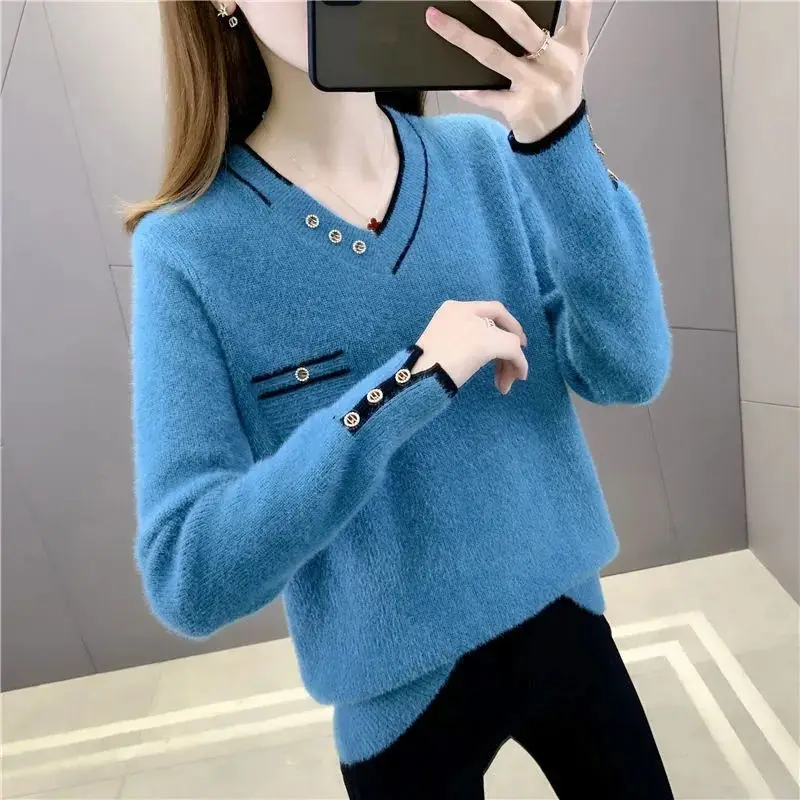 

Woman V-neck Knitted Pullovers Sweaters Female Soft High Quality Jumpers Clothes Ladies Bottoming Pullovers Tops Sweater G264