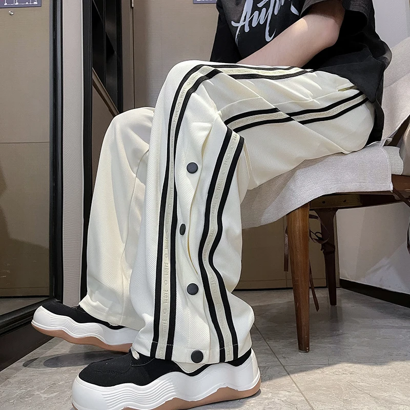 

American High Street Tide Brand Trend Casual Pants Striped Button Men's clothing Summer Loose Wide-leg Straight-leg Sports Pants