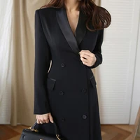 women autumn black coat double breasted notched long trench female new fashion winter high waist outwears slim solid windbreaker