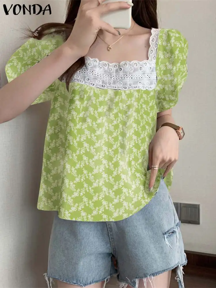 

VONDA Summer Women Fashion Blouse 2023 Lace Patchwork Ruffled Shirts Sexy Square Collar Tops Casual Short Puff Sleeve Blusas