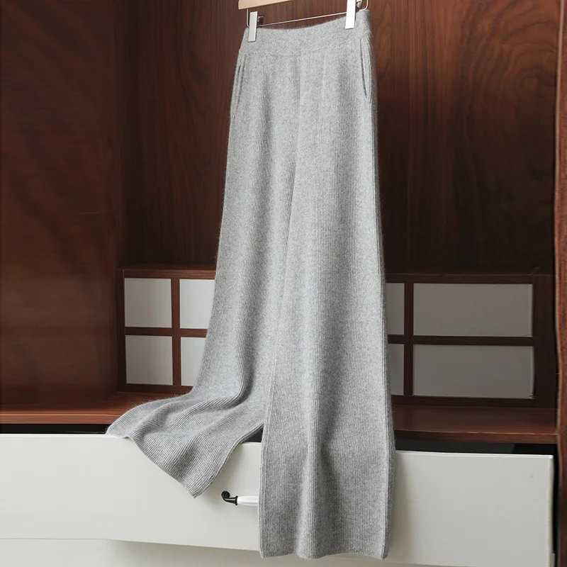 4 colors hot sale new casual loose cashmere knit solid color ladies mink cashmere wide leg pants long Autumn and winter series