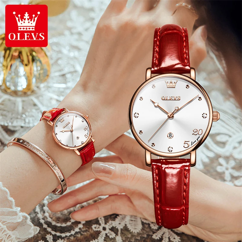 OLEVS 2023 New Luxury Bracelet Necklace Suit Quartz Watch for Women Fashion Leather Strap Waterproof Calendar Womens Watches