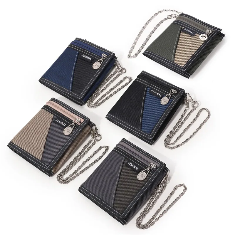 

New Arrival Men Wallets Good Quality Canvas Fabric Short Clutch Bag Male Fashion Metal Chain Money Bags Two Fold Coin Wallet