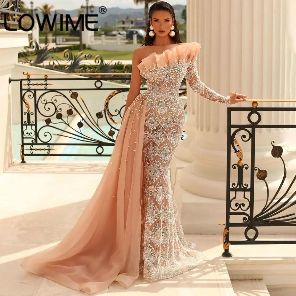 

Arabic Peach One Shoulder Mermaid Evening Dresses with Side Tail Elegant Pearls Beaded Women Wedding Event Dinner Party Gowns