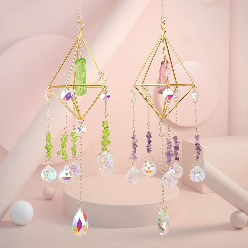 Rock Crystal Gravel Sun Catcher Lamp Stand Window Garden Hanging Decoration Natural Mineral Irregular Hexagonal Column Ornament