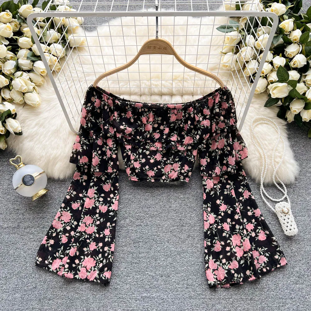 

Дизайнерская нишевая Милая рубашка с цветочным рисунком, женская летняя Новинка, тонкий шифоновый топ с длинными рукавами и открытыми плеч...