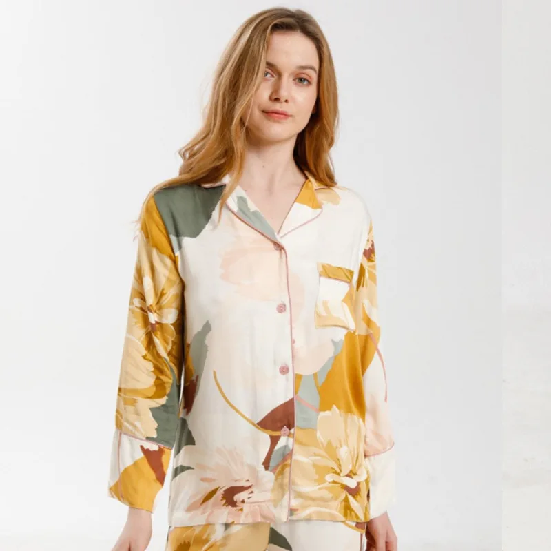 2022 New Spring Summer Satin-like Cotton Pajamas Set Women High Quality Pint Cardigan Homewear Full Sleeve Night Sleep Pants