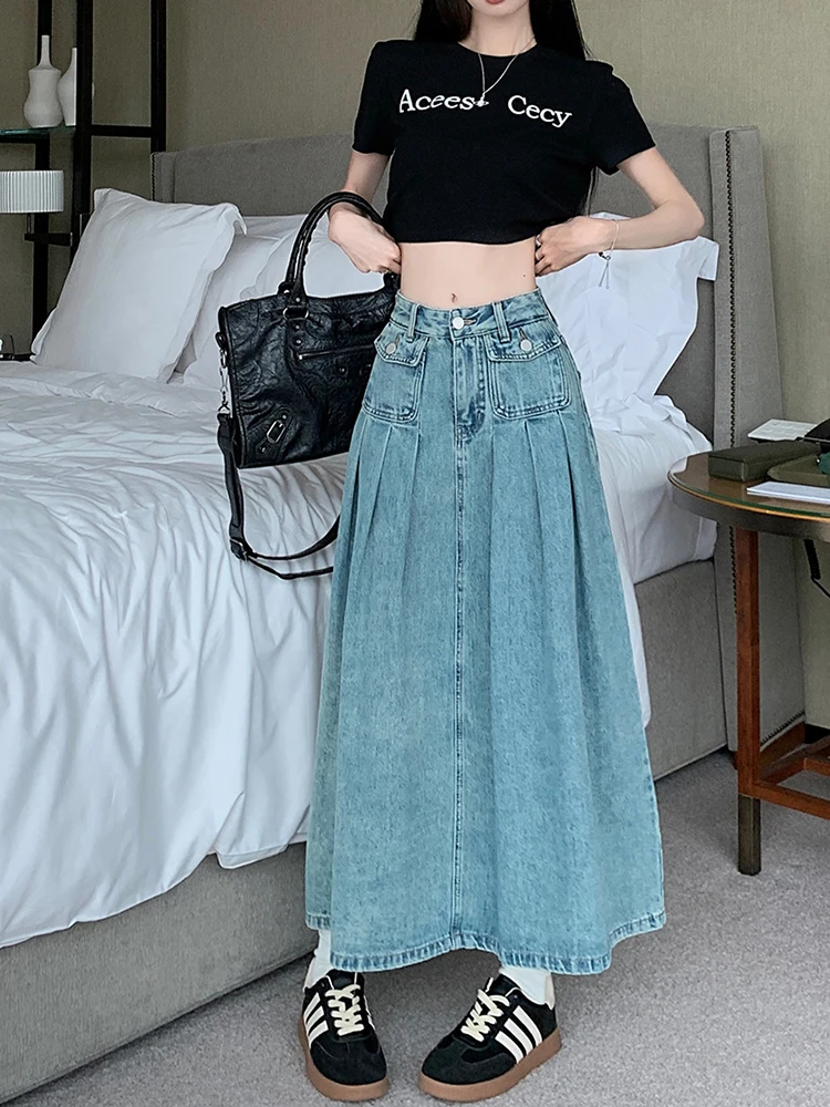 

Summer Korean Style High Waist Blue Jean Pleated Long Skirt Midi Jeans Skirt Women Denim Skirts A-line Y2K Fairycore Jupe Femme