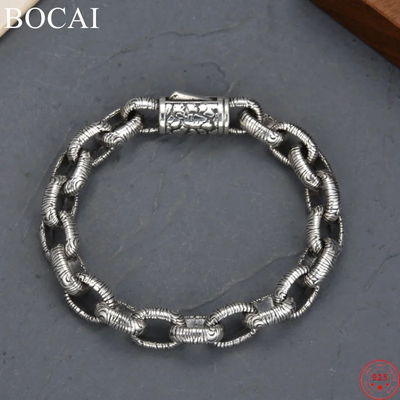 BOCAI S925 браслеты из стерлингового серебра для мужчин ретро-кольца с узором в виде