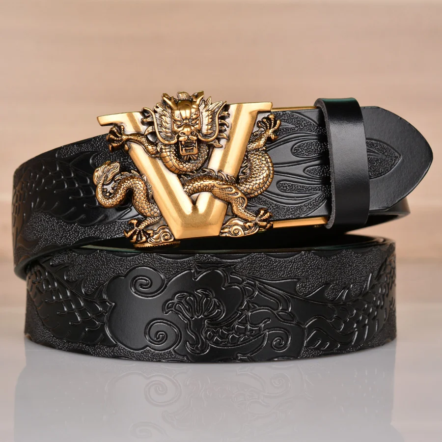 

Male China Dragon Belt Cowskin Genuine Leather Belts For Men Carving V Dragon Pattern Automatic Buckle Girdle Strap For Jeans