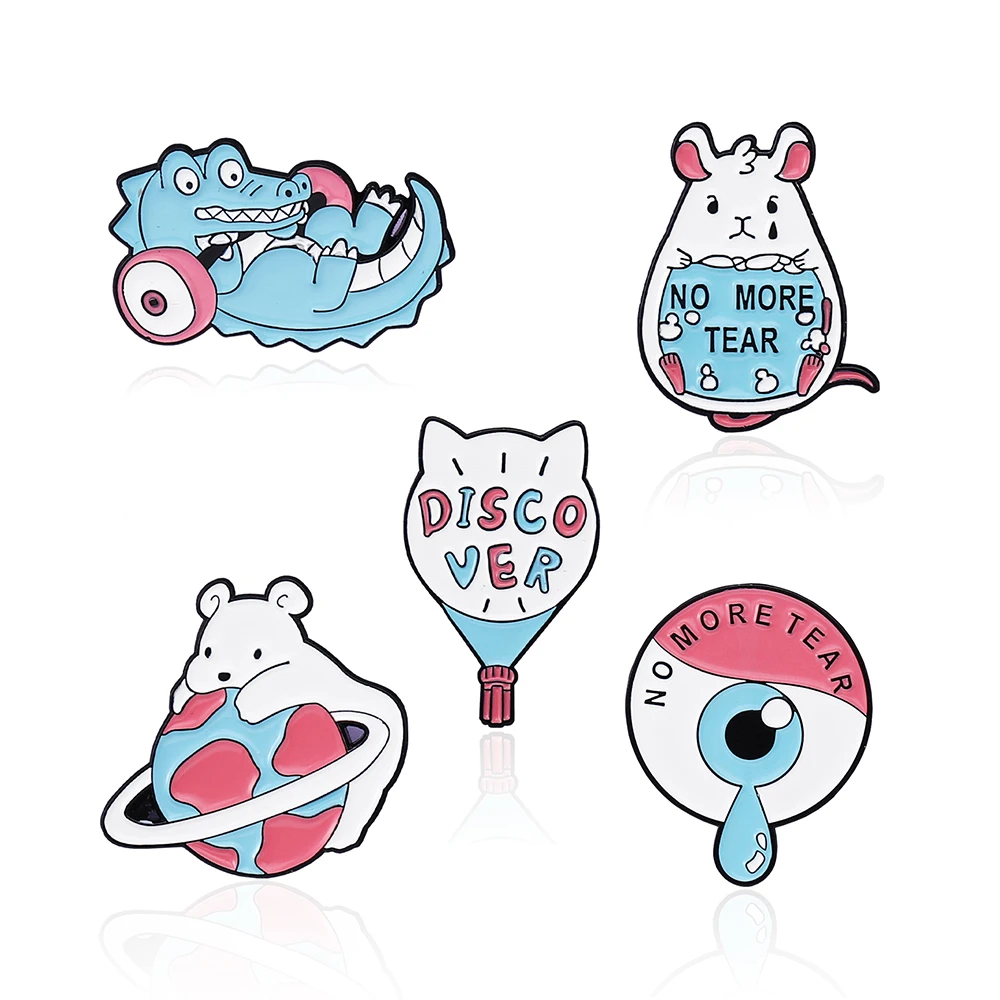 

No More Tears Enamel Pins Cute Animal Mouse Crocodile Bear Earth Balloon Brooch Lapel Badges Jewelry Gift for Friends