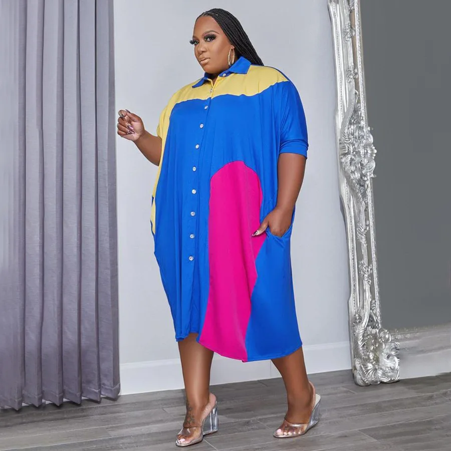 Plus Size Women Clothing Patchwork Loose Blouse Dresses Sexy Fashion Party Elegant Dresses 2022 Summer Lady Evening Vestido