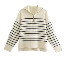 TRAF Women Fashion Loose Striped Asymmetry Knitted Sweaters Vintage Long Sleeve Zip-up Female Pullovers Chic Tops