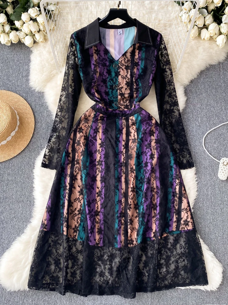 

FTLZZ Autumn Winter Elegant Women V-neck Midi Dress Vintage Lady Lace Mesh Hollow Out Dress Ruffled Embroidery A-line Dress