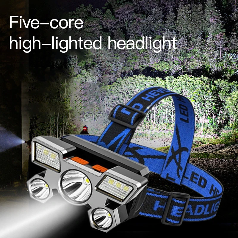 

Five Headlight High Power Rechargeable LED Lamp Portable Night Fishing Camping Light Long Shot Headlamp Ultra Powerful Headlamp