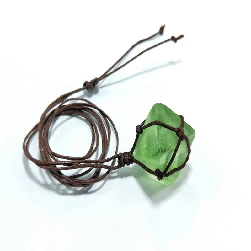 

Natural Crystal Healing Stone Raw Mineral Stone Pendant Green Fluorite Crystal Necklace For Men Women Wrap Braid Necklace