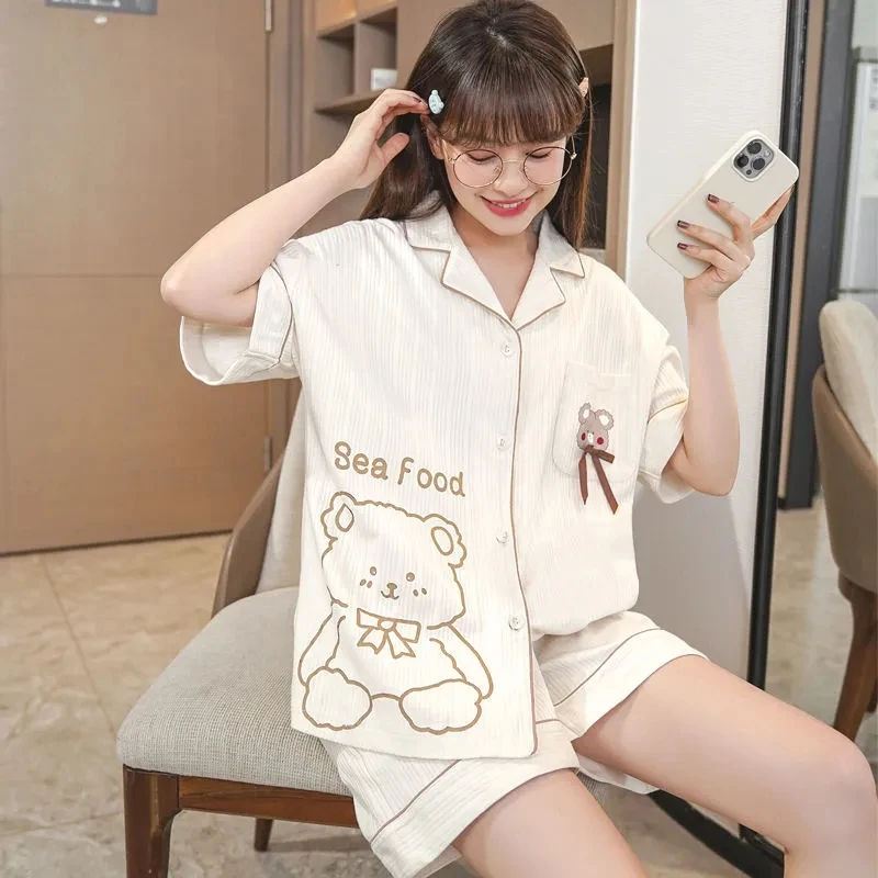 Pajama Set Woman 2 Pieces Summer New Sleepwear Ladies Casual Loose Small Fresh Wind Short-Sleeved Shorts Fashion Homewear