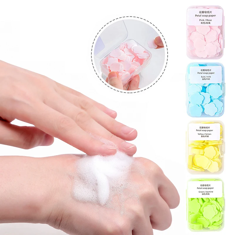 

100Pcs/Box Disposable Cute Mini Flower Shape Paper Soap Slice With Box Hand-washing Soap Paper Flakes Portable Handwashing Soap