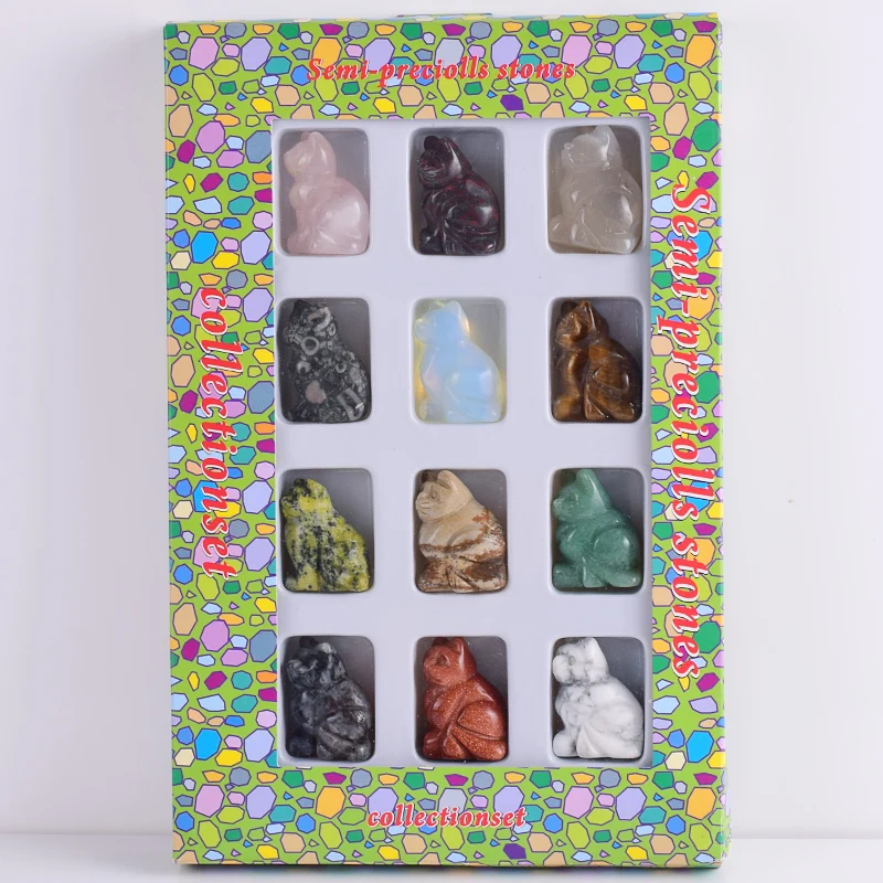 

12 Pcs Jade Cat Figurine Gift Box Set Hand Craved Natural Crystal Craft Quartz Animal Kitty Healing Stone Souvenir Home Decor