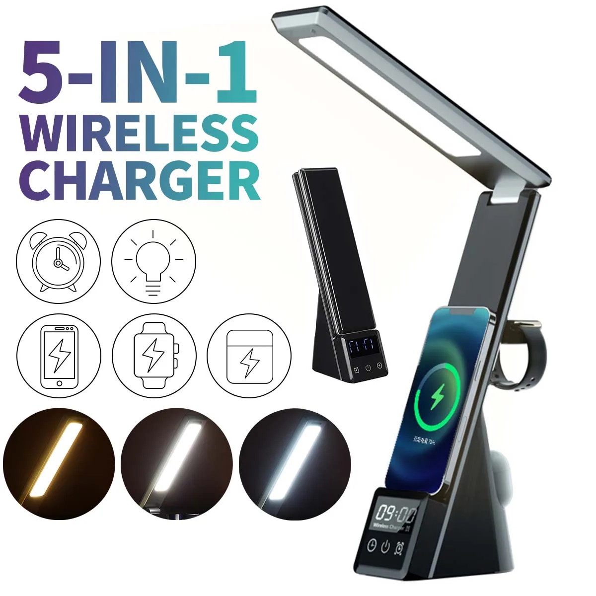 

BAKEEY 5 in 1 15W Wireless Charger w/ LED Desk Lamp USB Charging Port Table Lamp Built-in Clock for 13/12Pro Apple Watch Airpods
